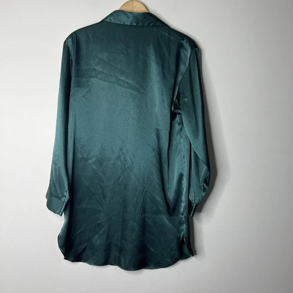 Jones New York Satin Dark Green Over side Button Down Mini Short Dress Sz XS Pjs - Picture 5 of 7